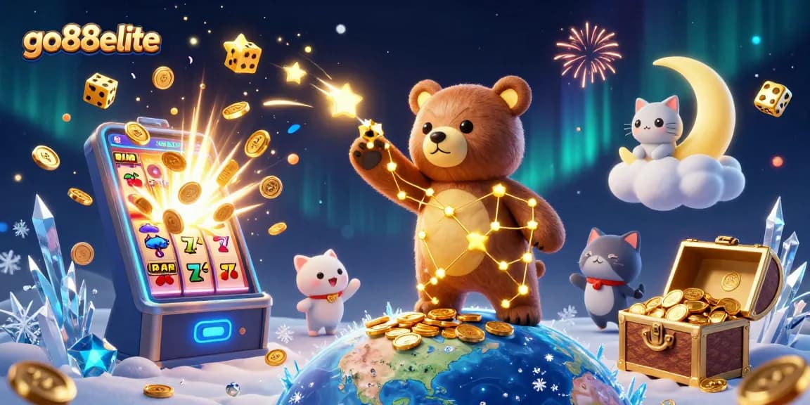 Win big with go88elite as a constellation bear collects coins amidst a dynamic casino scene