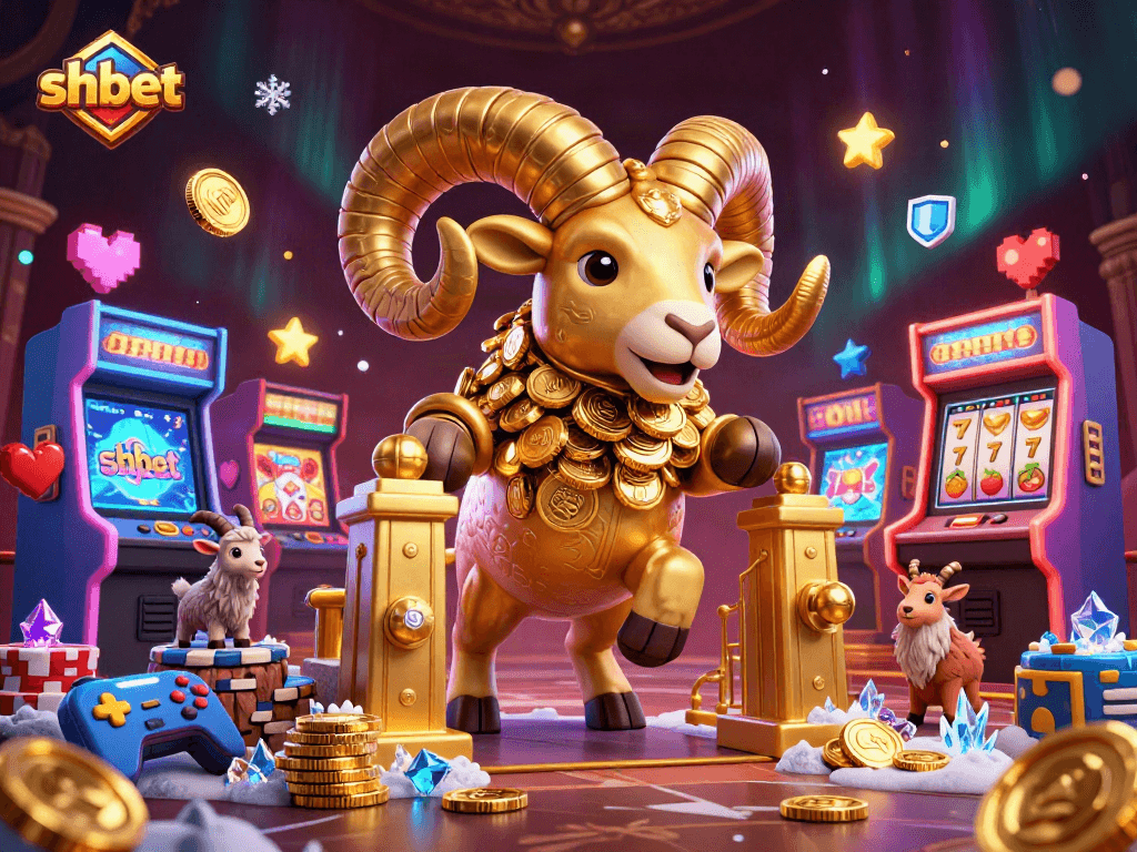 Join the excitement at shbet with a golden ram charging through a vibrant casino scene of slots and games.