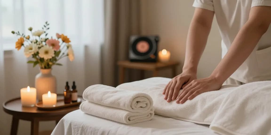 Experience peaceful 용인출장안마 with a serene home spa setup featuring candles and fresh flowers.