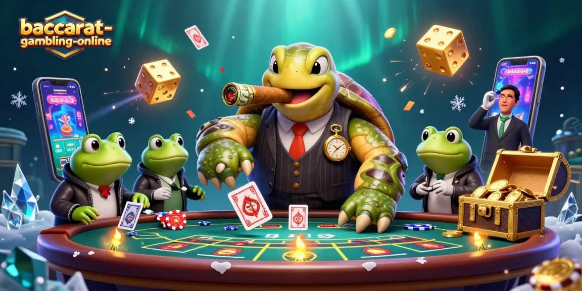 Baccarat-gambling-online showcases a lively baccarat scene with a snapping turtle dealer and dynamic game elements.
