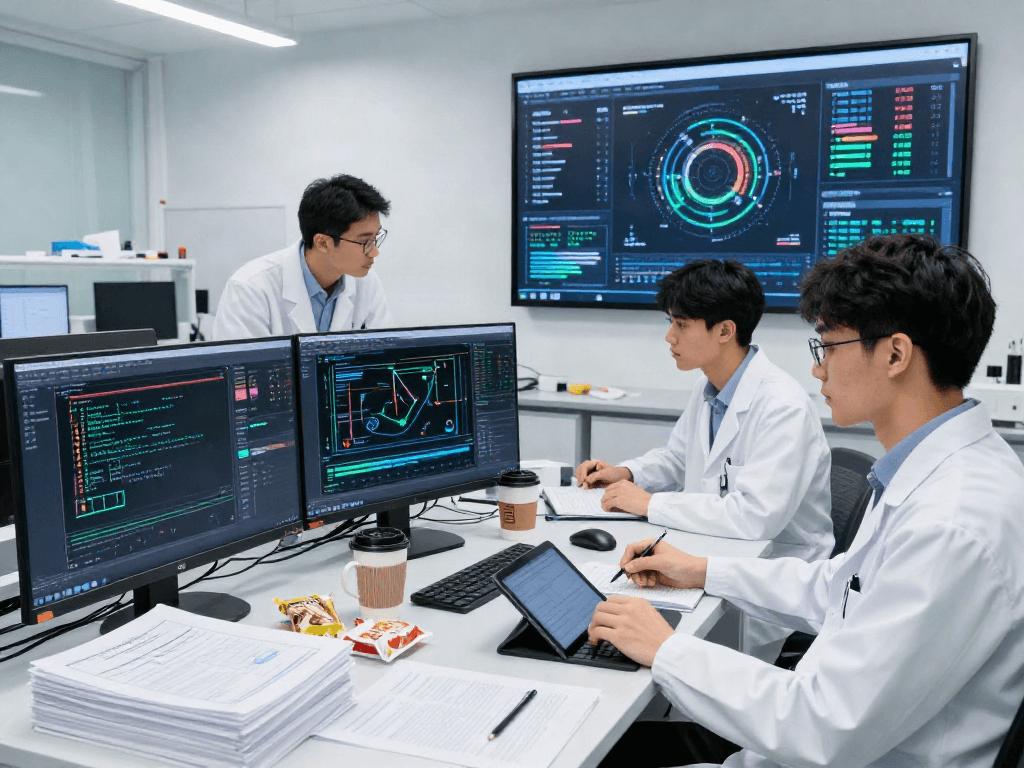 AI Detection research team analyzing data patterns in a modern lab.