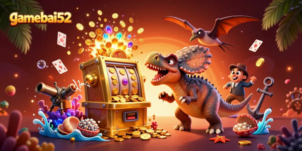 gamebai52 players engage in an exciting slot jackpot scene with dynamic coins and colorful elements