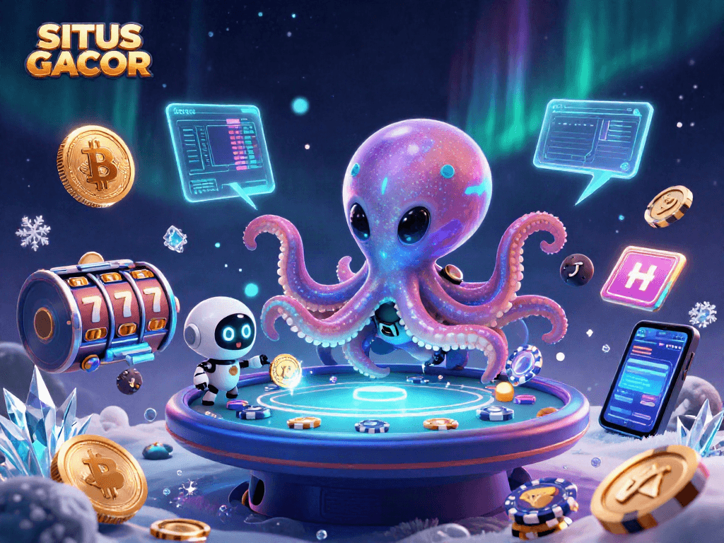 Engage with interactive gaming at SITUS GACOR, featuring an alien octopus at a poker table surrounded by slot elements.
