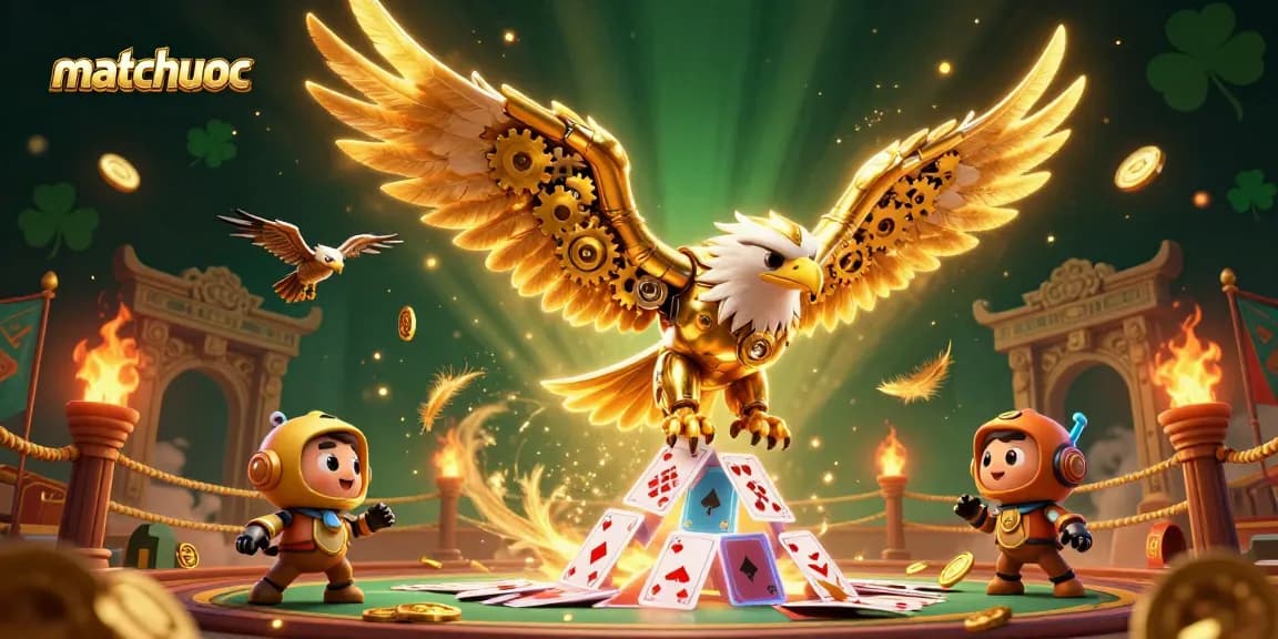 Engage with matchuoc's vibrant 3D illustration showcasing a golden eagle amid dynamic casino symbols.