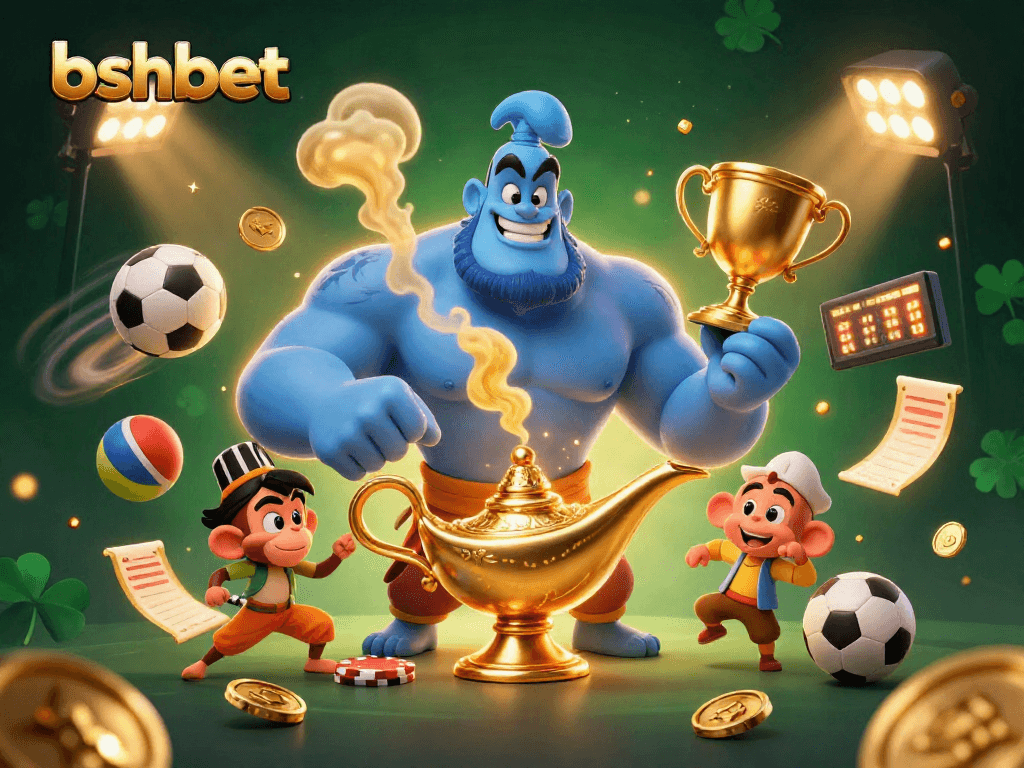 Engage with bshbet's thrilling sports betting scene featuring a genie and magic elements.