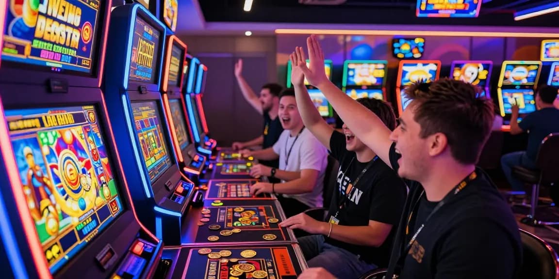 Excited players enjoying we88 PGSLOT at a vibrant gambling arena.