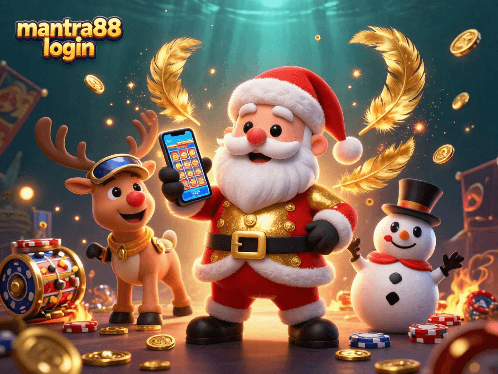 Engage with mantra88 login experience featuring Santa Claus and friends celebrating jackpot wins.