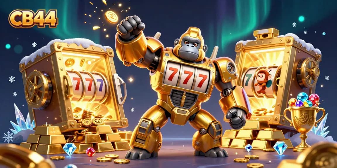 Experience thrilling slots action with CB44's engaging 3D illustration featuring a golden gorilla mech.