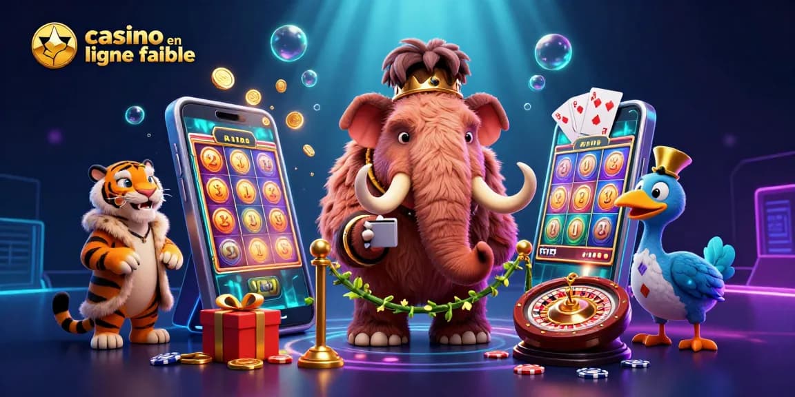 Illustration d'un bouncer mammouth vérifiant les identités devant un casino en ligne fiable, avec un VIP tigre de sabre et un portier dodo.