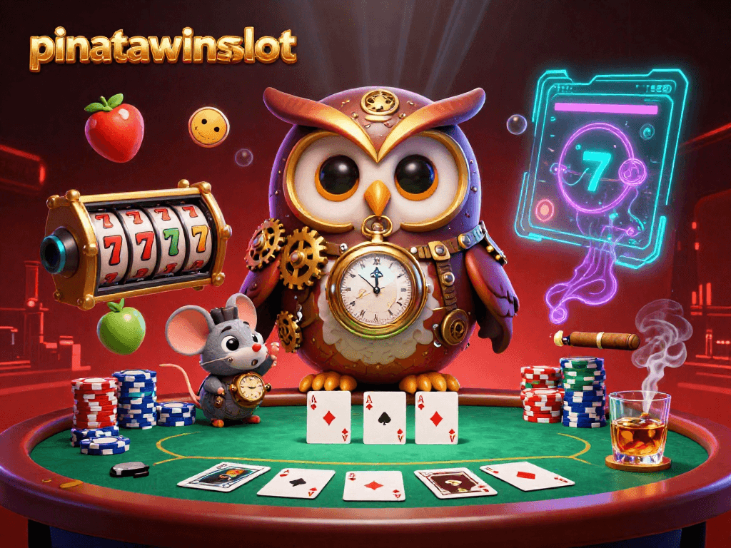 Experience pinatawinsslot excitement with 3D characters enjoying vibrant casino gameplay, showcasing slot reels and poker elements.