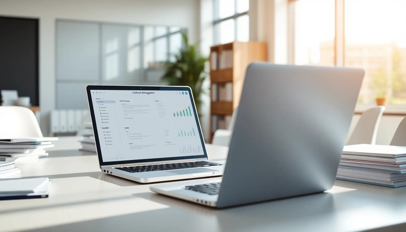 Utilizing contract administration documentation software on a sleek laptop in a bright office.