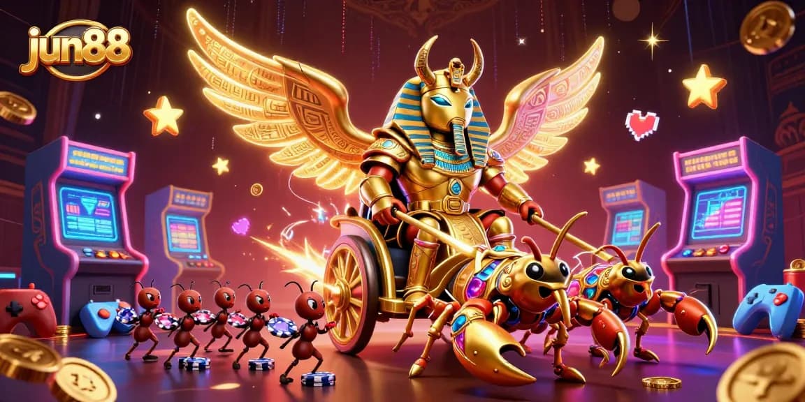 Experience thrilling gameplay with jun88, featuring a colossal golden beetle and captivating casino elements.