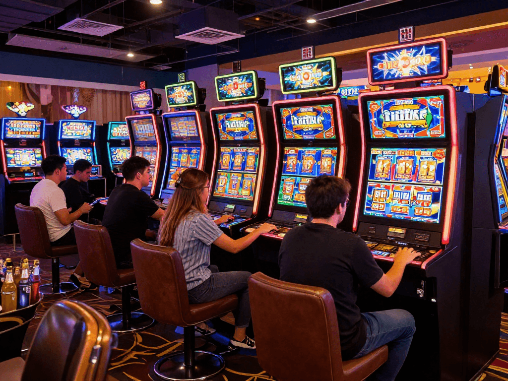 Pengunjung bermain slot88 dengan suasana kasino yang ceria dan berwarna-warni.