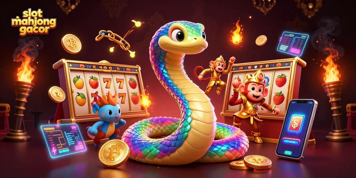 Engage with slot mahjong gacor in a vibrant 3D illustration of golden jackpots and colorful symbols.
