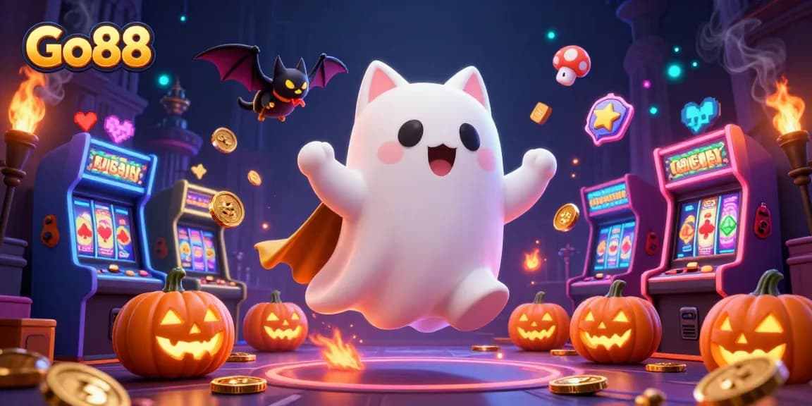 Experience thrilling gameplay at Go88 with a ghost cat and vampire bat in a haunted casino