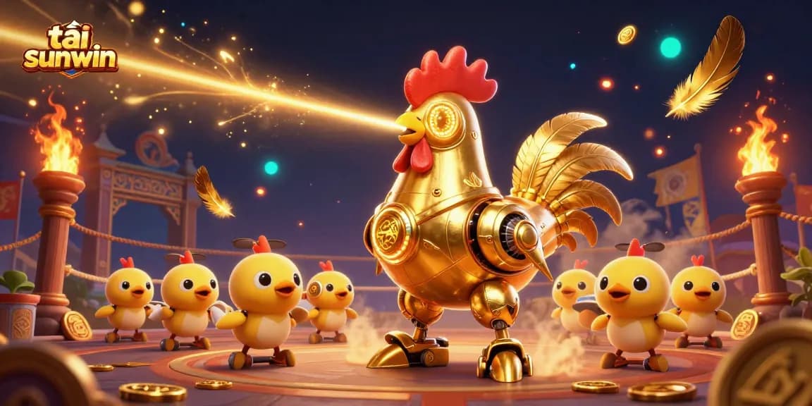 Engage in thrilling gameplay with tải sunwin featuring a golden rooster robot and baby chick drones in a dynamic casino scene.