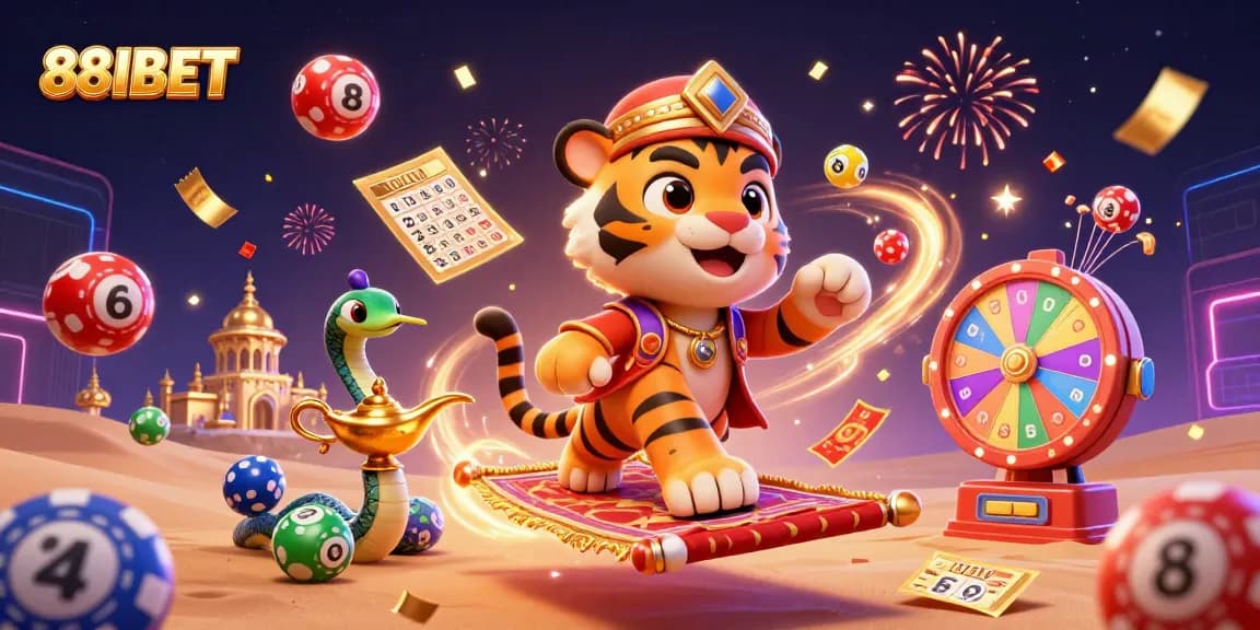 Experience the excitement of 88IBET with vibrant casino elements and a magical Arabian scene.