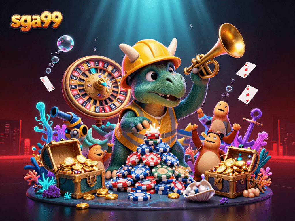 Join the excitement of sga99 with a triceratops building poker chip towers in a vibrant casino scene.
