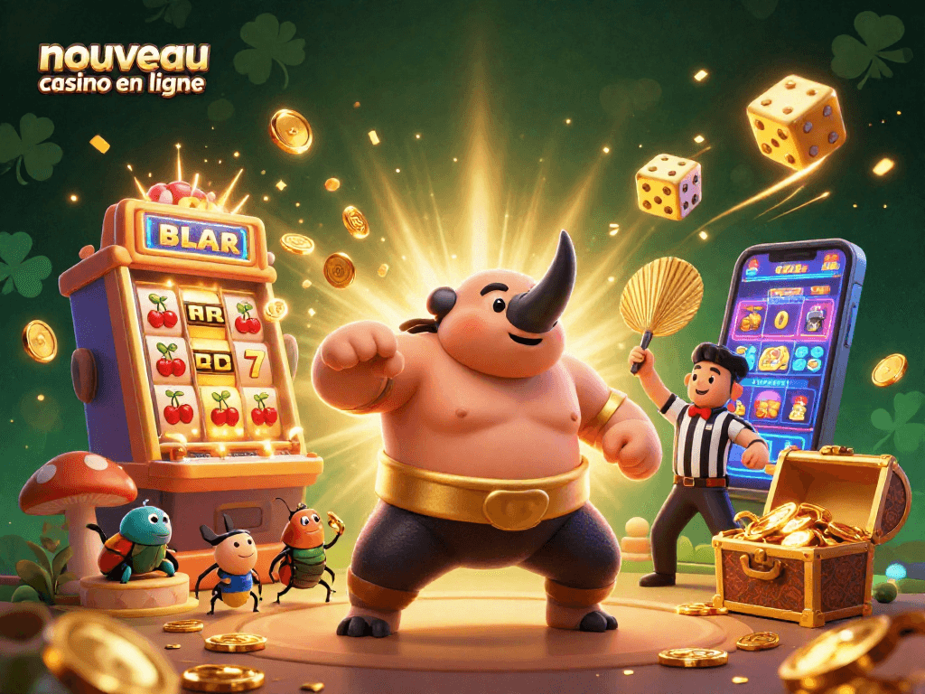Visualisez un nouveau casino en ligne avec un champion scarabée dans un combat épique, avec des pièces d'or et une machine à sous explosant de joie.