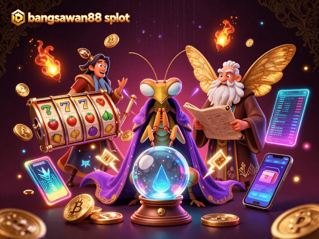 Win big with bangsawan88 slot featuring a fortune teller, moth librarian, and vibrant game elements