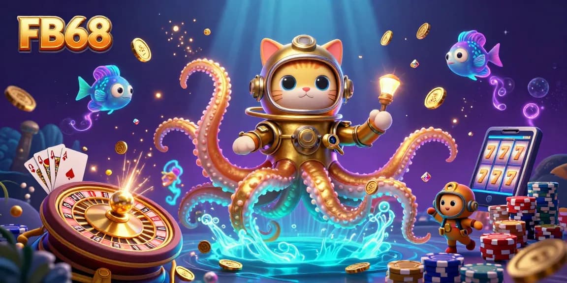 Experience the excitement of FB68 with a kraken, diving cat, and treasure amidst dazzling casino elements.