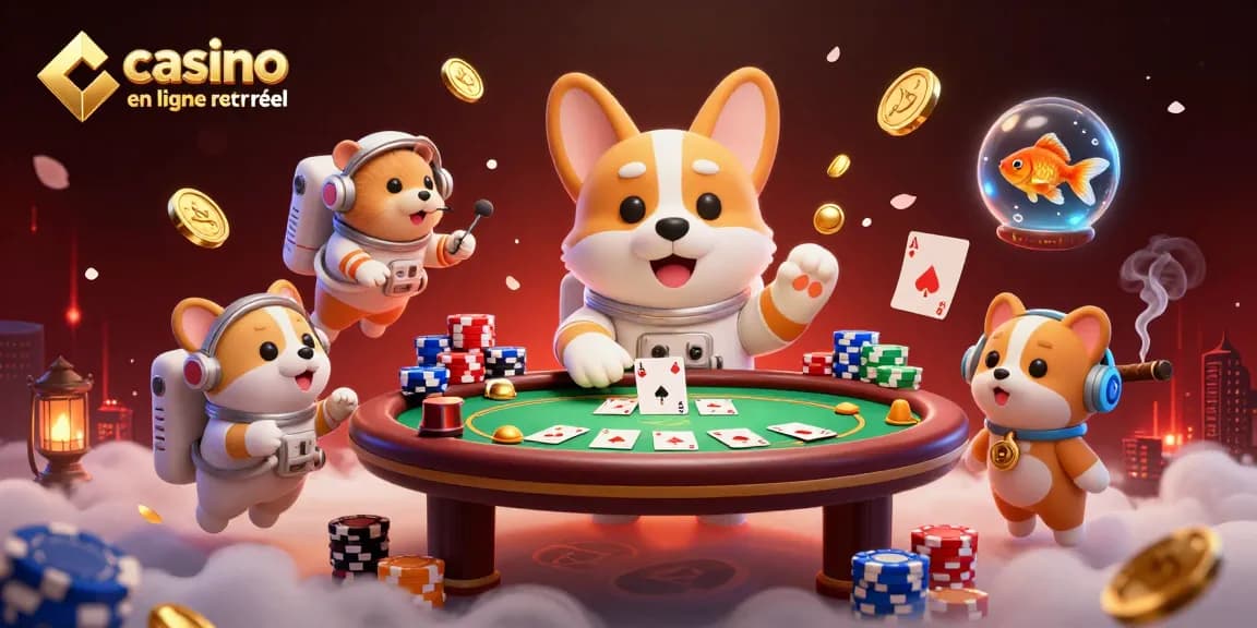 Le corgi astronaute examine le casino en ligne argent réel, entouré de jetons de poker et de pièces d'or flottantes.
