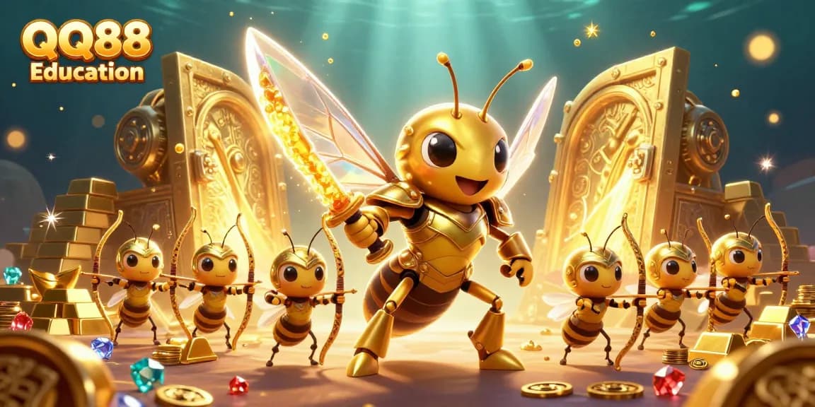 Engage with QQ88 Education's vibrant gambling scene featuring a golden hornet in samurai armor amidst treasures.