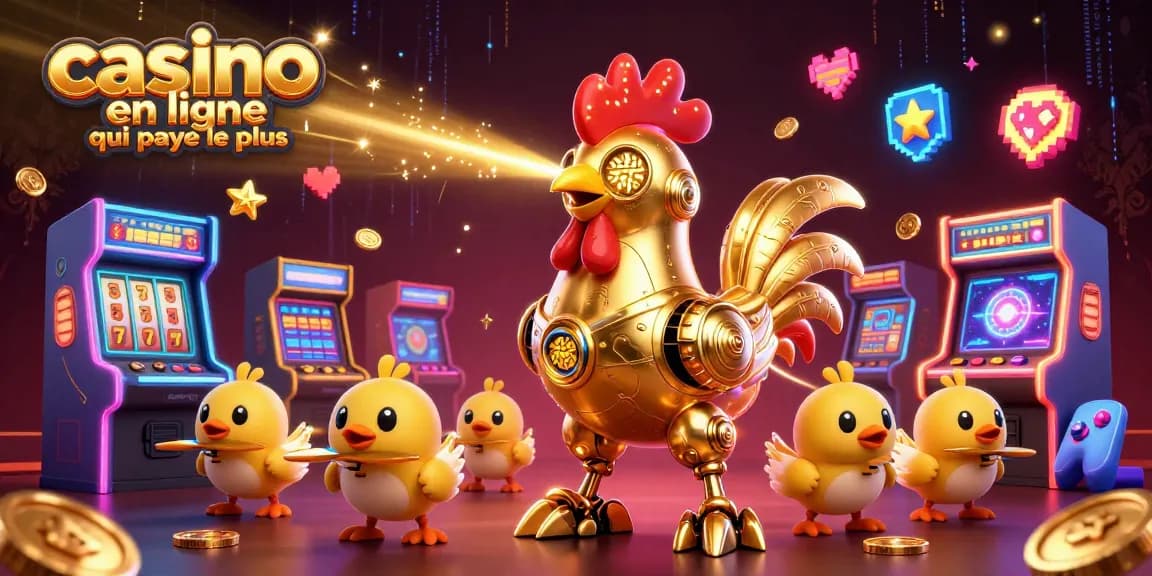 Illustration dynamique du casino en ligne qui paye le plus avec un robot coq doré et des drones poules, machines à sous