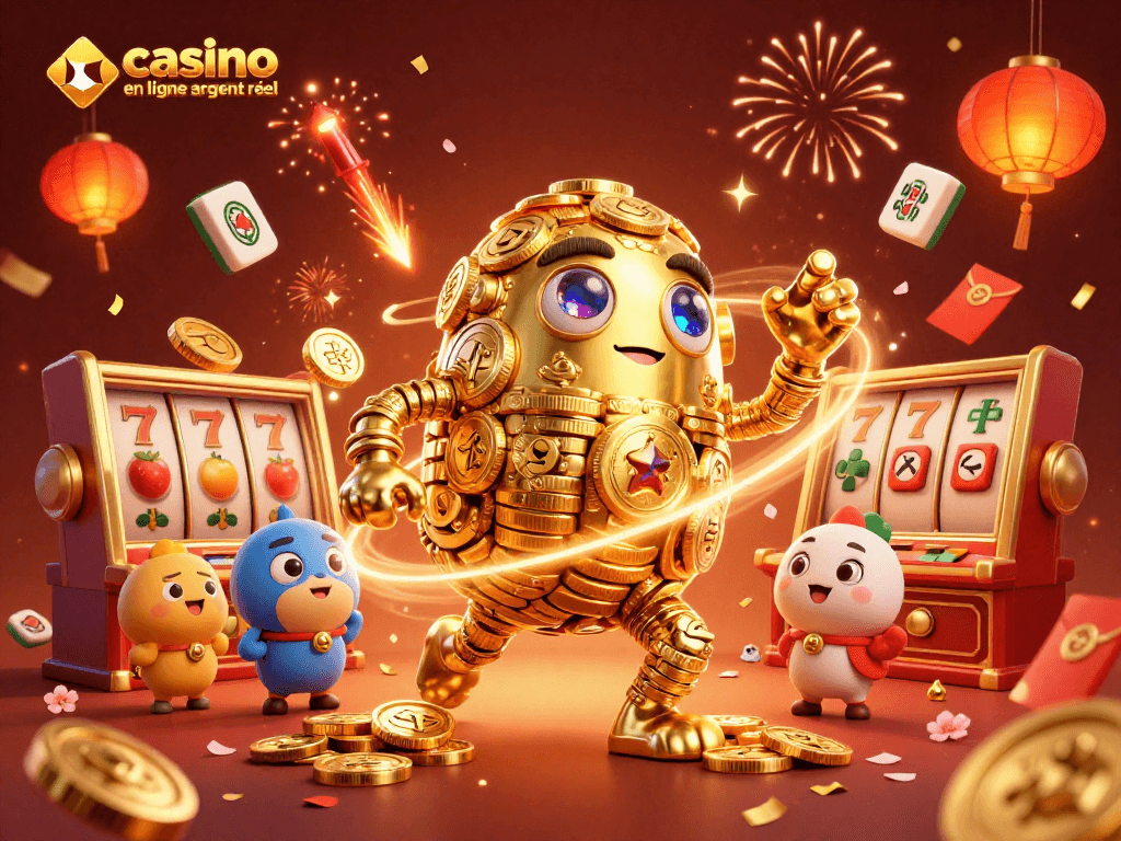Visualisez le succès avec casinos en ligne argent réel, mettant en scène un golem de pièces d'or entouré de machines à sous animées.