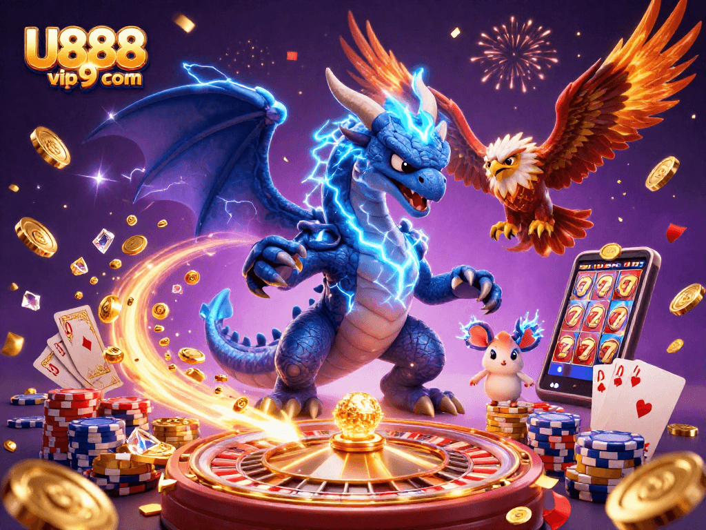 Experience the thrill of U888 vip9 com with exciting casino action in a vibrant, dynamic illustration.