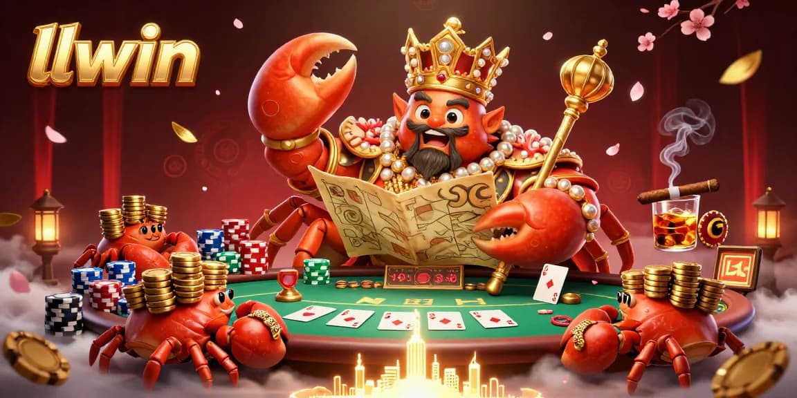 Experience exciting gaming at llwin with a dynamic 3D scene featuring a golden crab and poker elements.