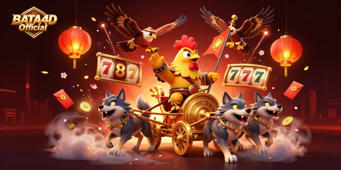 BATA4D Official showcases a vibrant 3D illustration of a rooster warlord amidst glowing slot reels and festive elements.