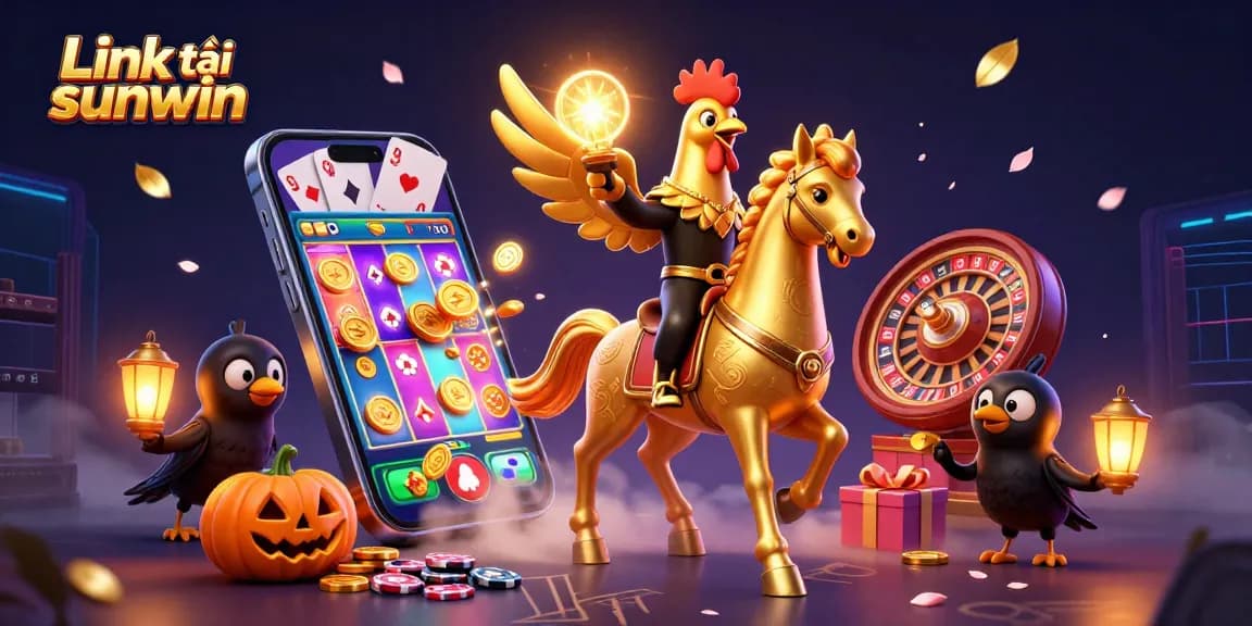Win big with Link tải sunwin in this vibrant casino adventure illustration featuring a golden rooster.