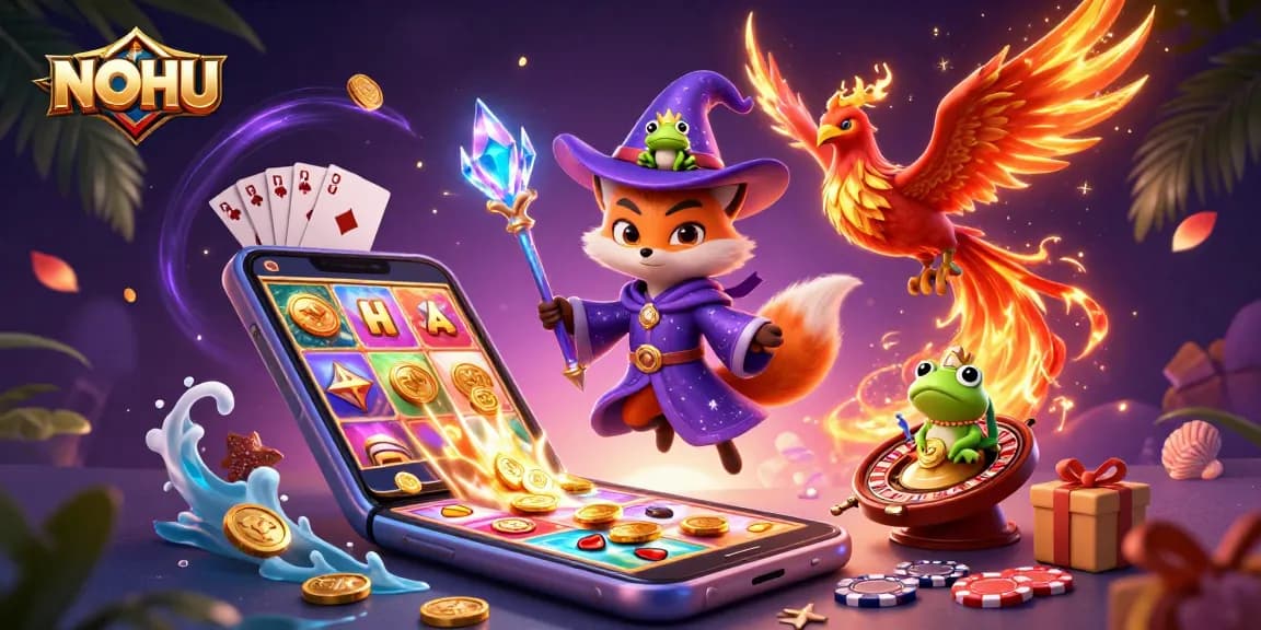 Experience the allure of NOHU as the wizard fox conjures winning casinos, surrounded by vibrant game elements.