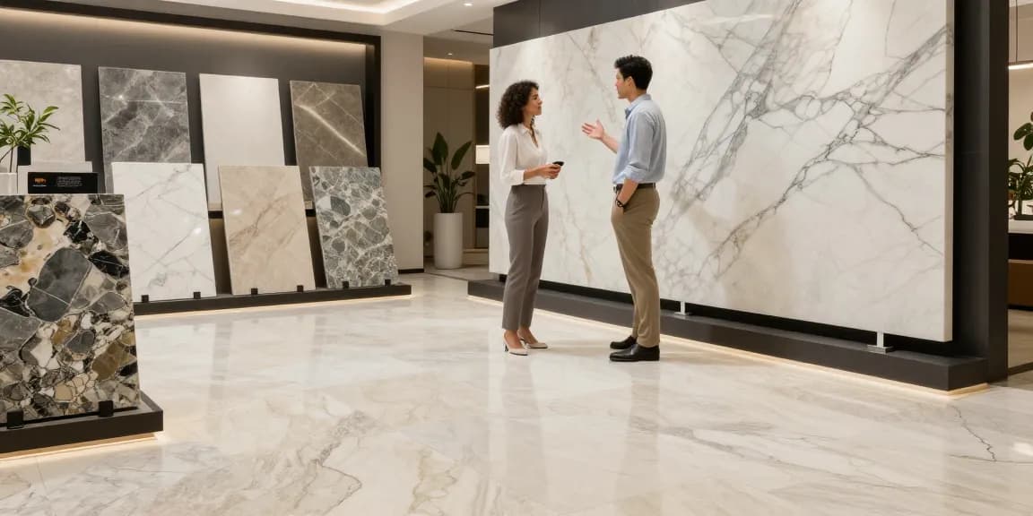 Consultation at NAGA2000's elegant showroom featuring premium stone flooring options.