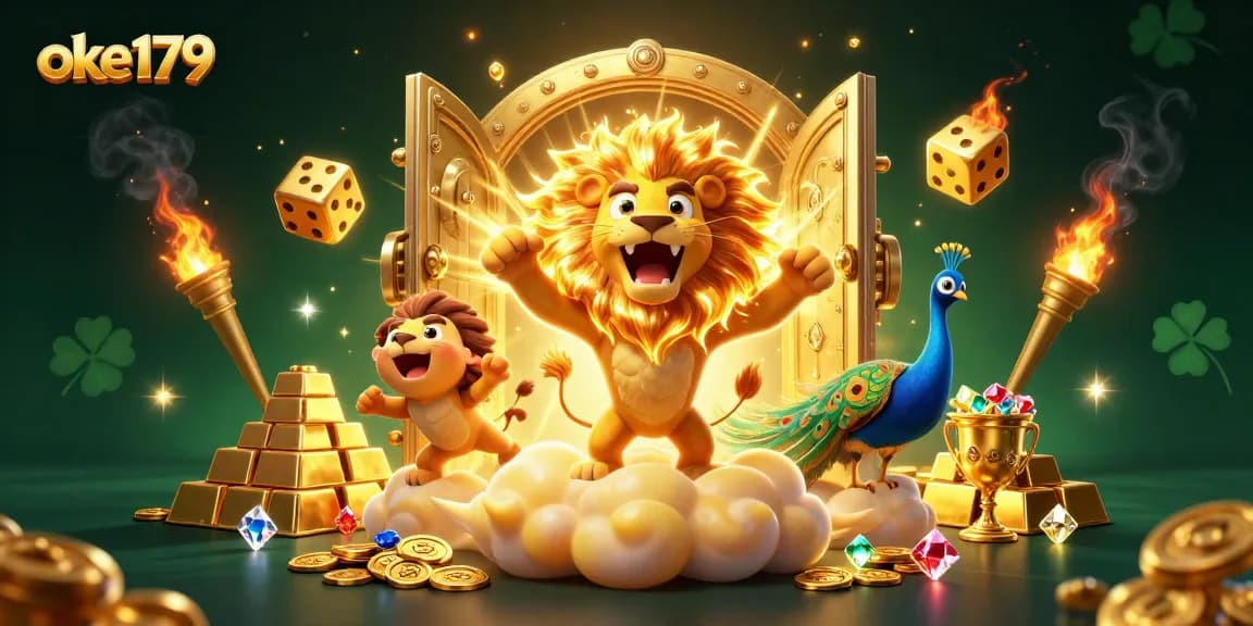 Play exciting games at oke179, featuring golden dice and a roaring lion in a vibrant casino scene.