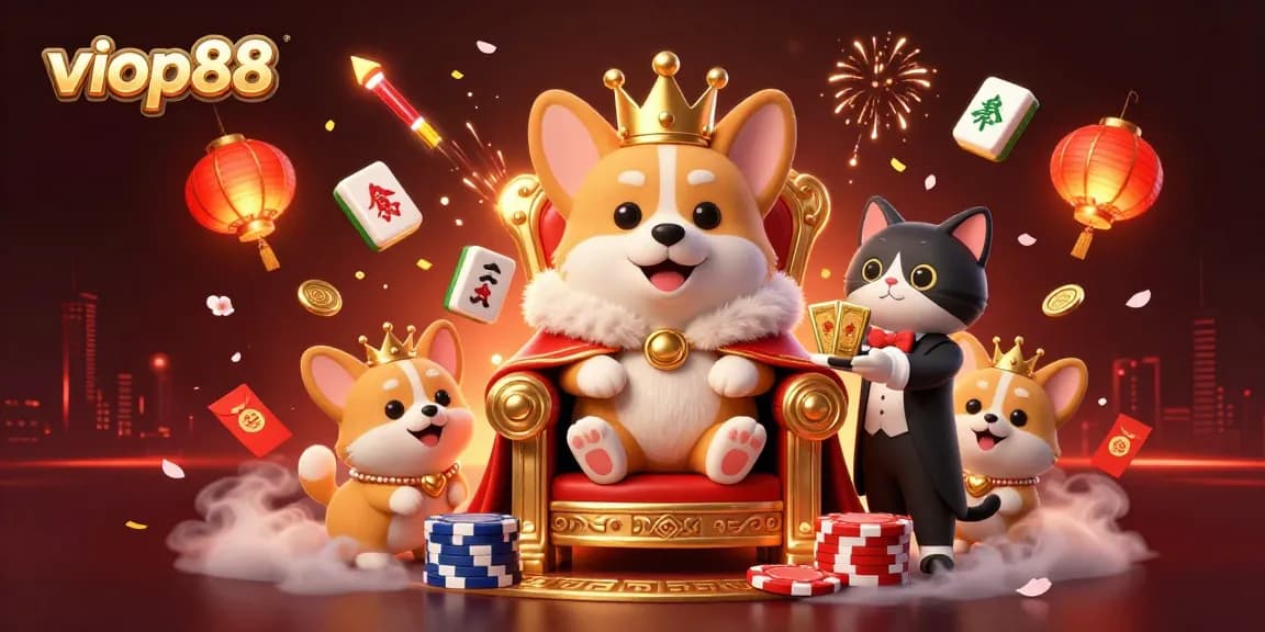 Experience excitement at viop88 with a corgi king in a vibrant casino scene filled with tokens and lanterns.