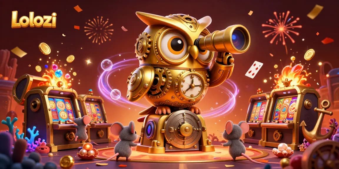 Lolozi casino scene featuring a golden owl, mice patrons, and vibrant slot machines with treasure