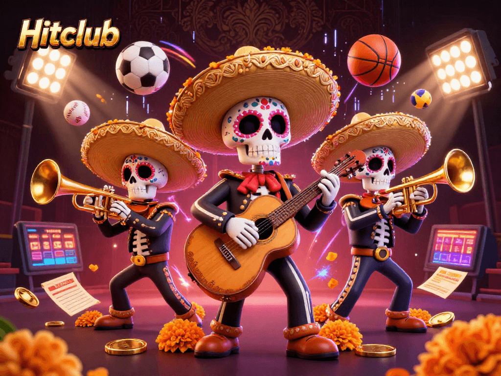 Hitclub showcases a vibrant scene with a mariachi band amid dynamic sports betting elements.