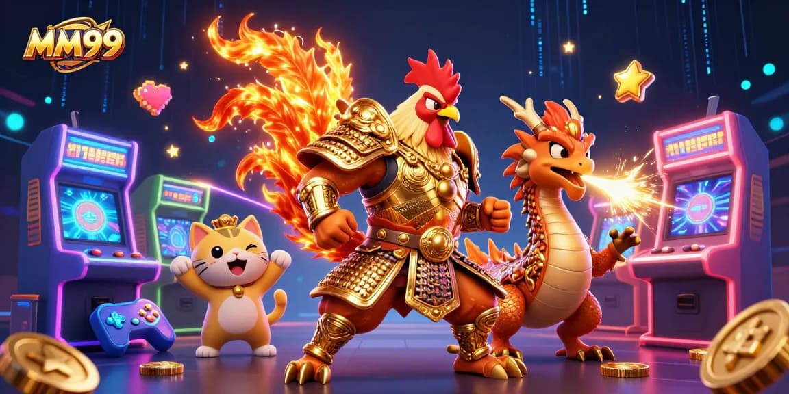 Engage with MM99's vibrant online gaming world featuring a samurai rooster and dragon in a colorful casino.