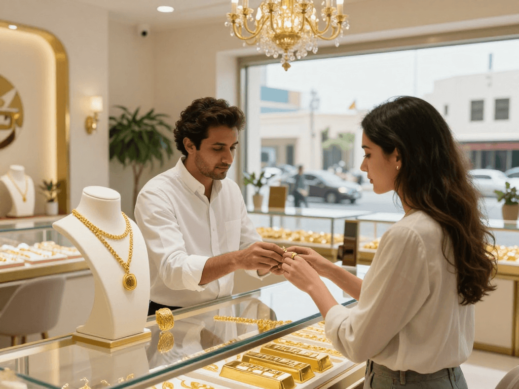 mantra88 showcases an elegant jewelry shop, highlighting 24K gold jewelry and a jeweler assisting a customer.