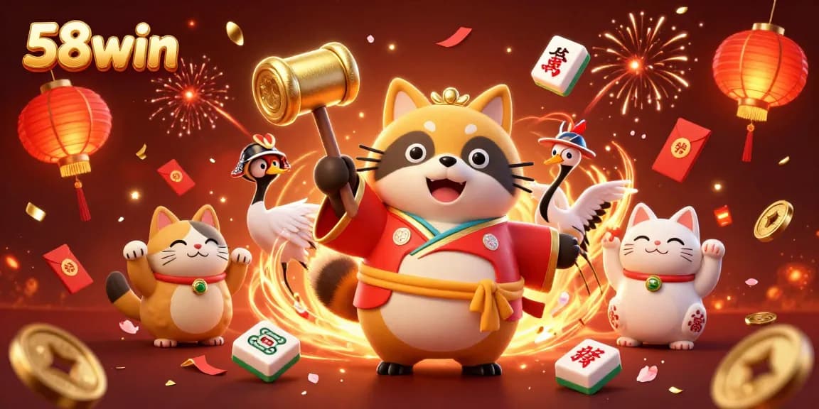 Experience the excitement of gambling with 58win's vibrant 3D illustration showcasing unique characters and dynamic casino elements.