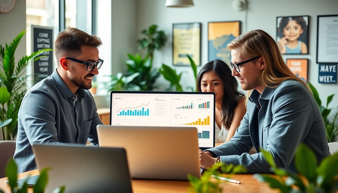 Showcasing Shopify website development services with digital marketers collaborating in a bright office.