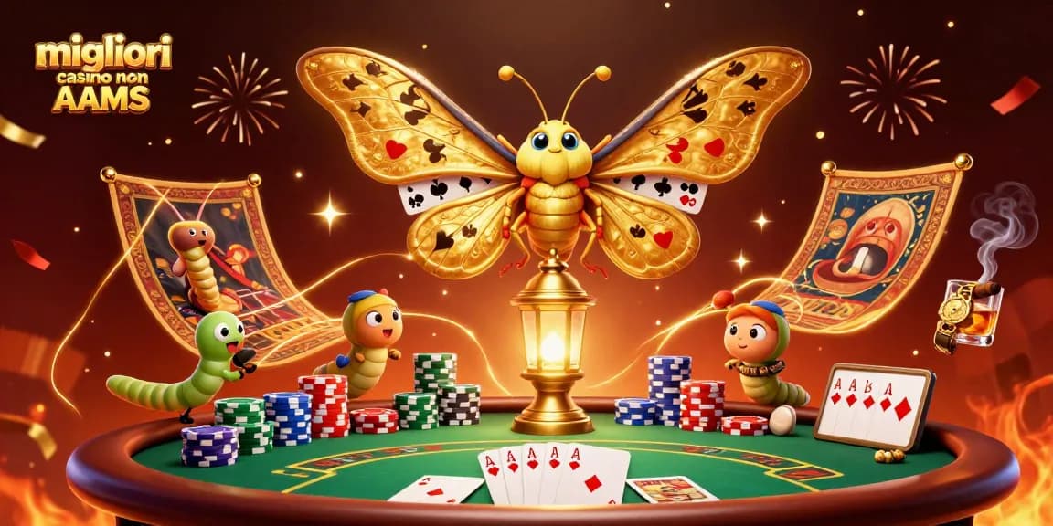 Visualizza i migliori casino non AAMS con unatlante farfalla dai colori vivaci, mentre gioca a poker tra luci scintillanti.