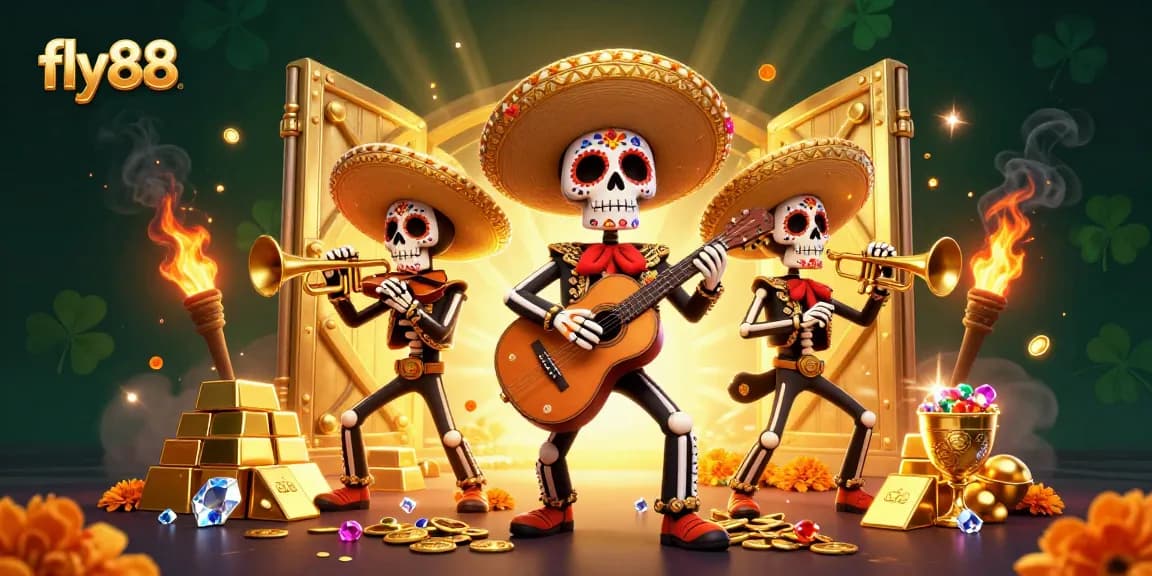 Experience the excitement of fly88's colorful mariachi casino scene filled with treasure and games.