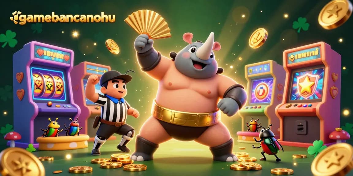 Experience gamebancanohu's vibrant casino magic with a sumo beetle champion amidst golden coins.