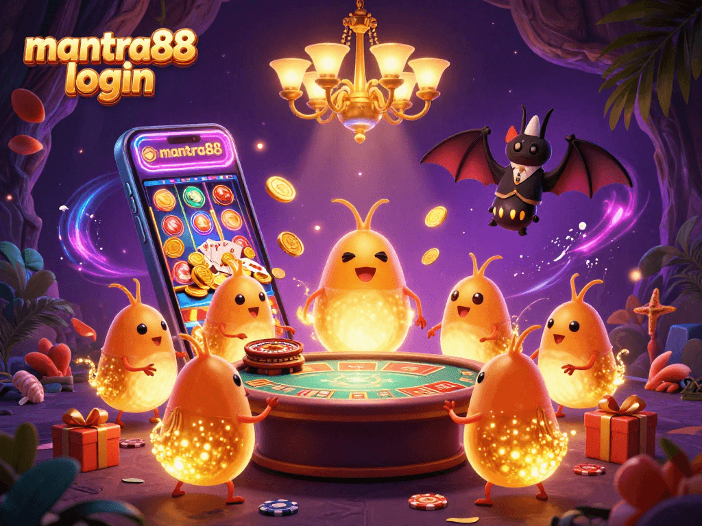 Experience the excitement at mantra88 login with a vibrant 3D casino scene showcasing glowing creatures and thrilling games.