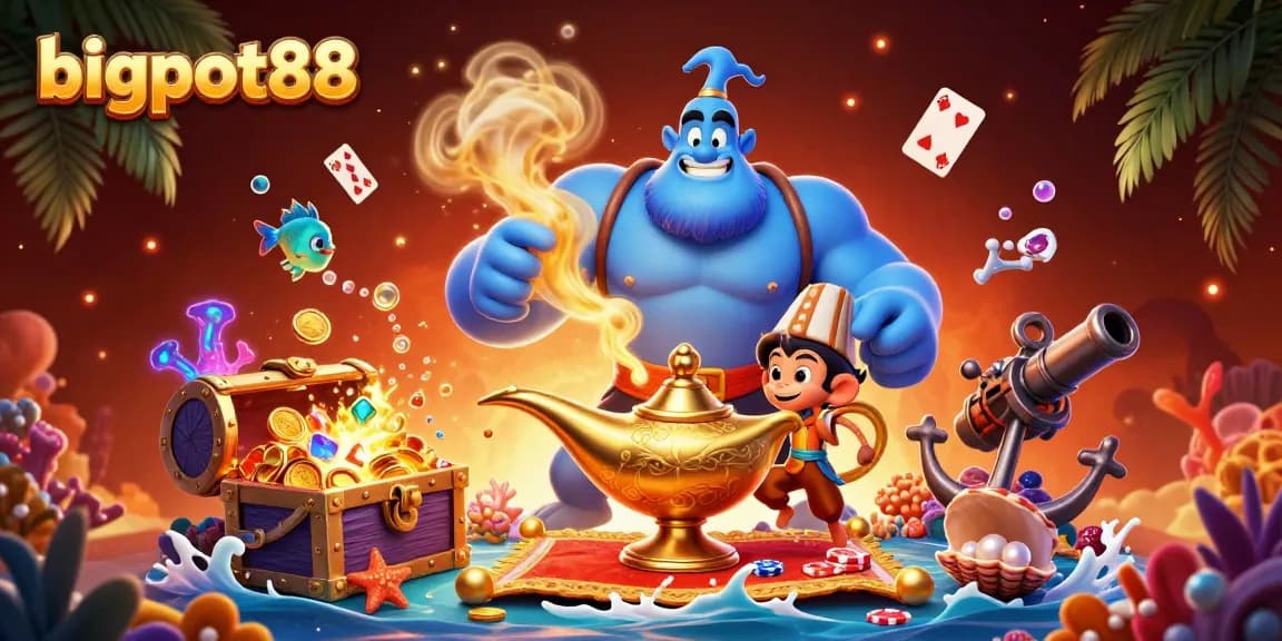 Win big with bigpot88 as a majestic genie emerges from a magical lamp amidst casino treasures.