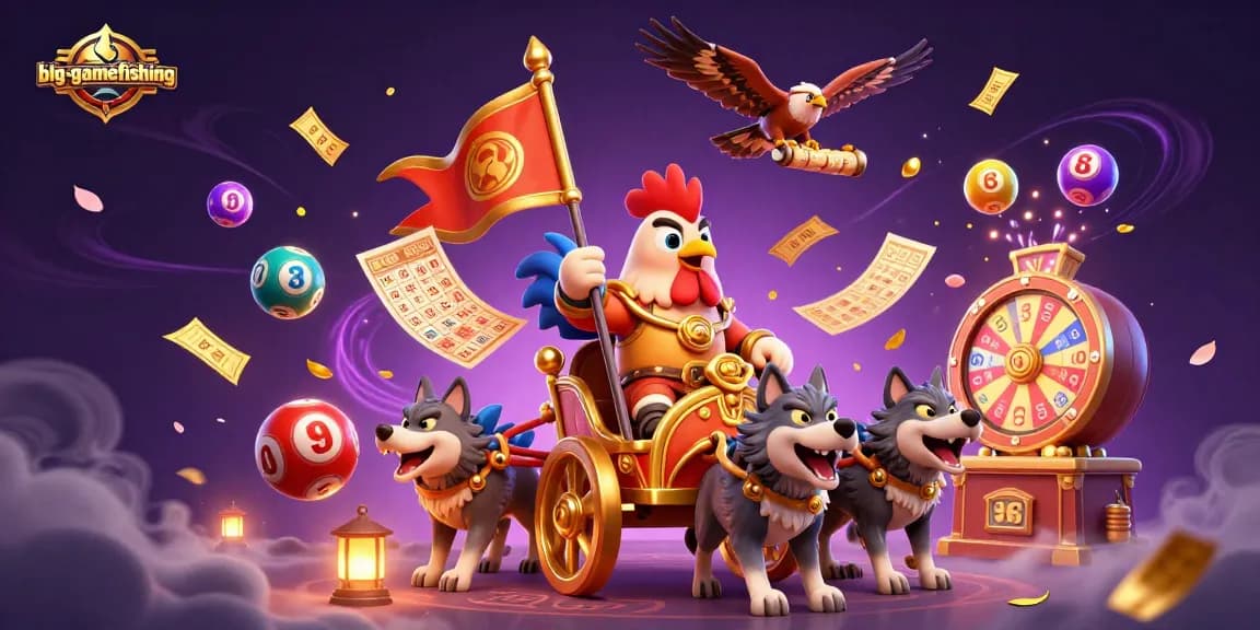 Engage in big-gamefishing with a 3D rooster warlord commanding a vibrant casino scene.