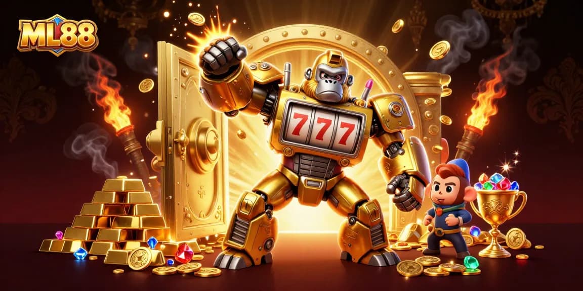 ML88 slot game excitement with golden gorilla mech and treasures bursting from a vault